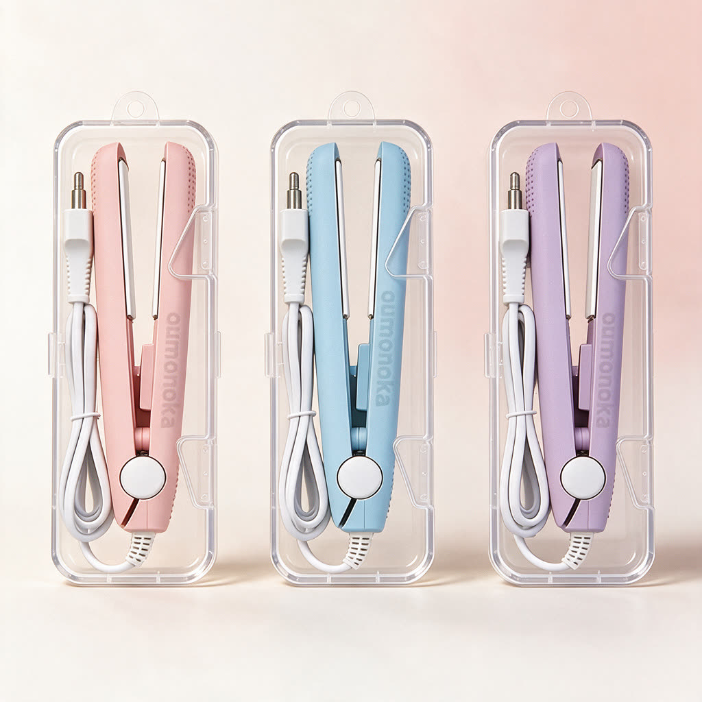 Mini lisseurs rose, bleu et violet dans leurs boîtes transparentes